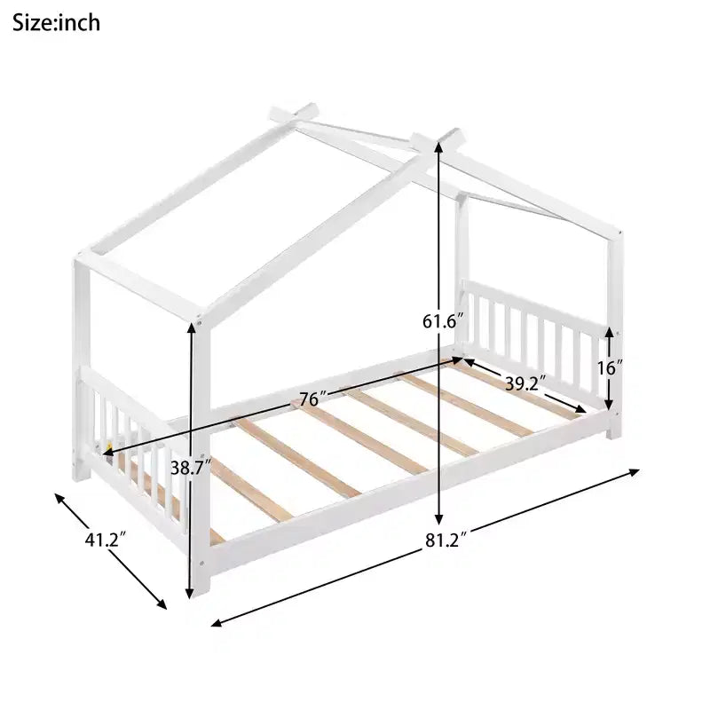 Lit plateforme - cadre de lit en bois en forme de maisonnette avec tête de lit, pied de lit et toit