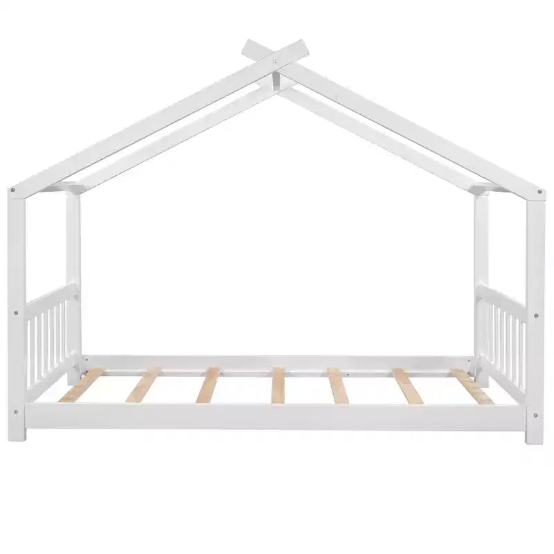 Lit plateforme - cadre de lit en bois en forme de maisonnette avec tête de lit, pied de lit et toit