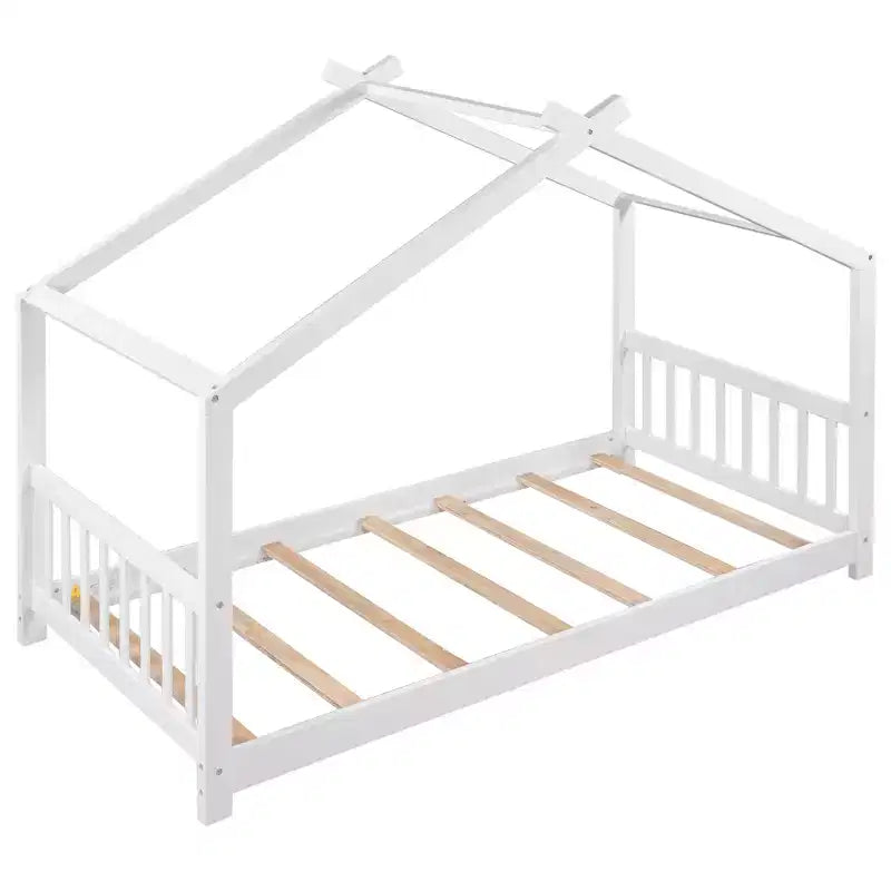 Lit plateforme - cadre de lit en bois en forme de maisonnette avec tête de lit, pied de lit et toit