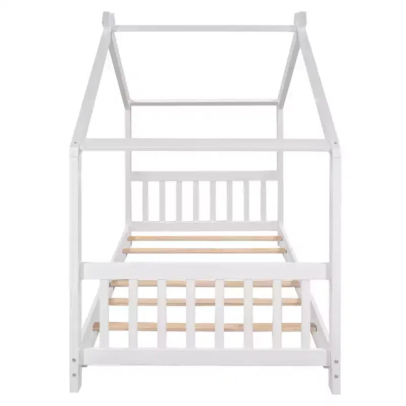 Lit plateforme - cadre de lit en bois en forme de maisonnette avec tête de lit, pied de lit et toit