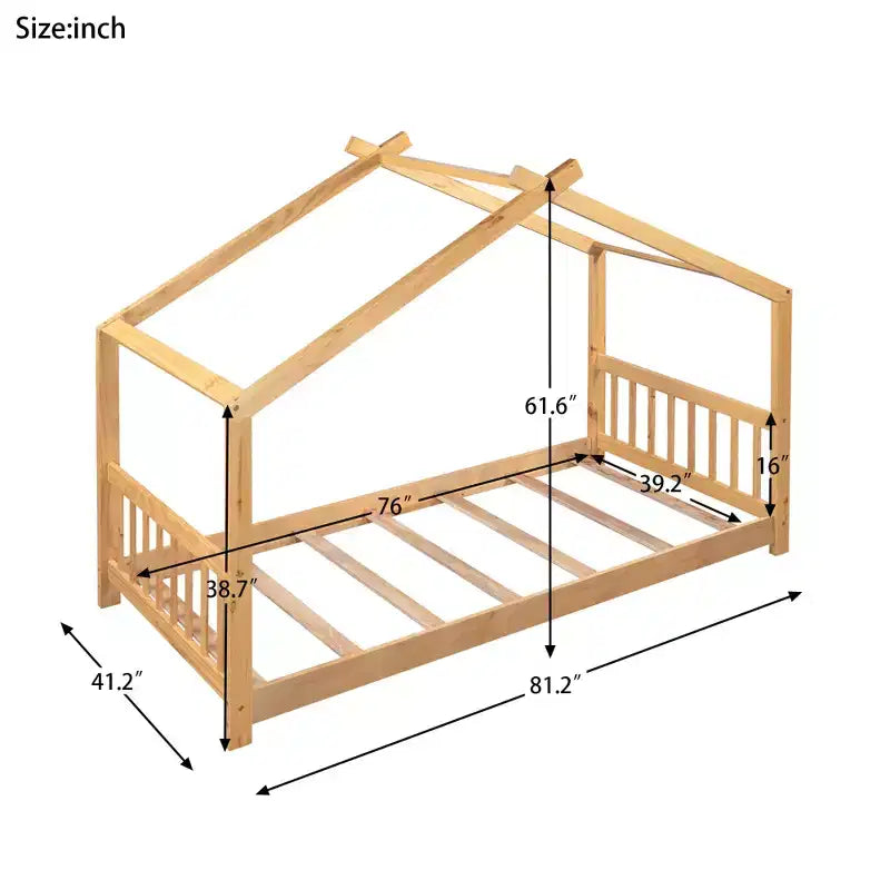 Lit plateforme - cadre de lit en bois en forme de maisonnette avec tête de lit, pied de lit et toit