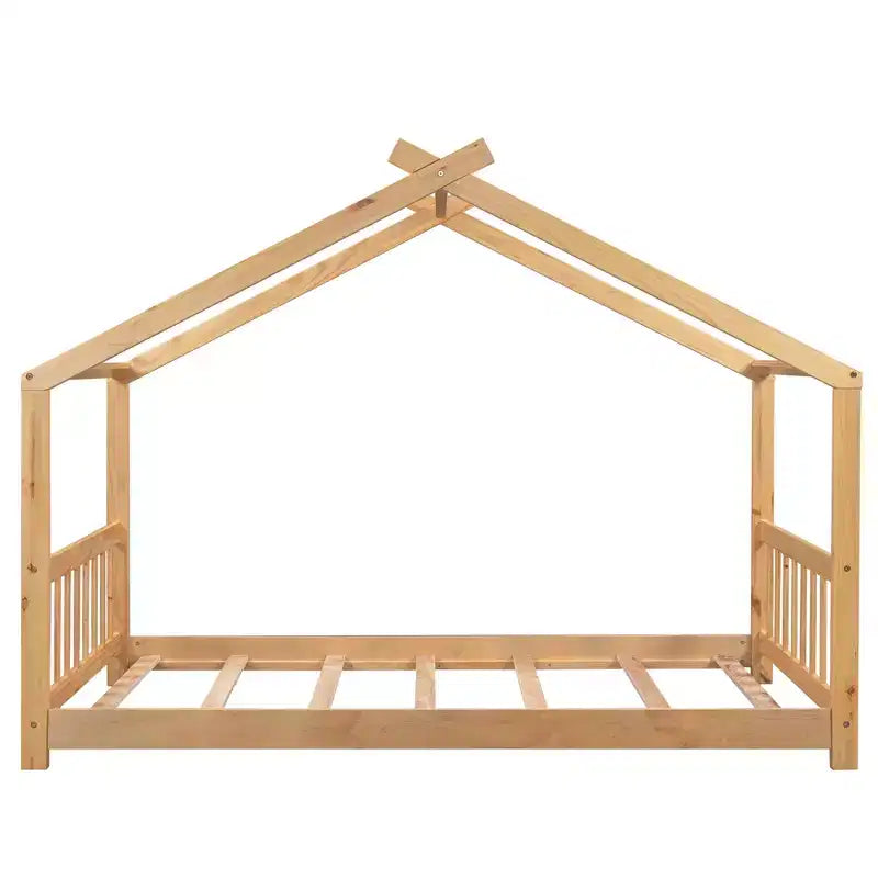 Lit plateforme - cadre de lit en bois en forme de maisonnette avec tête de lit, pied de lit et toit