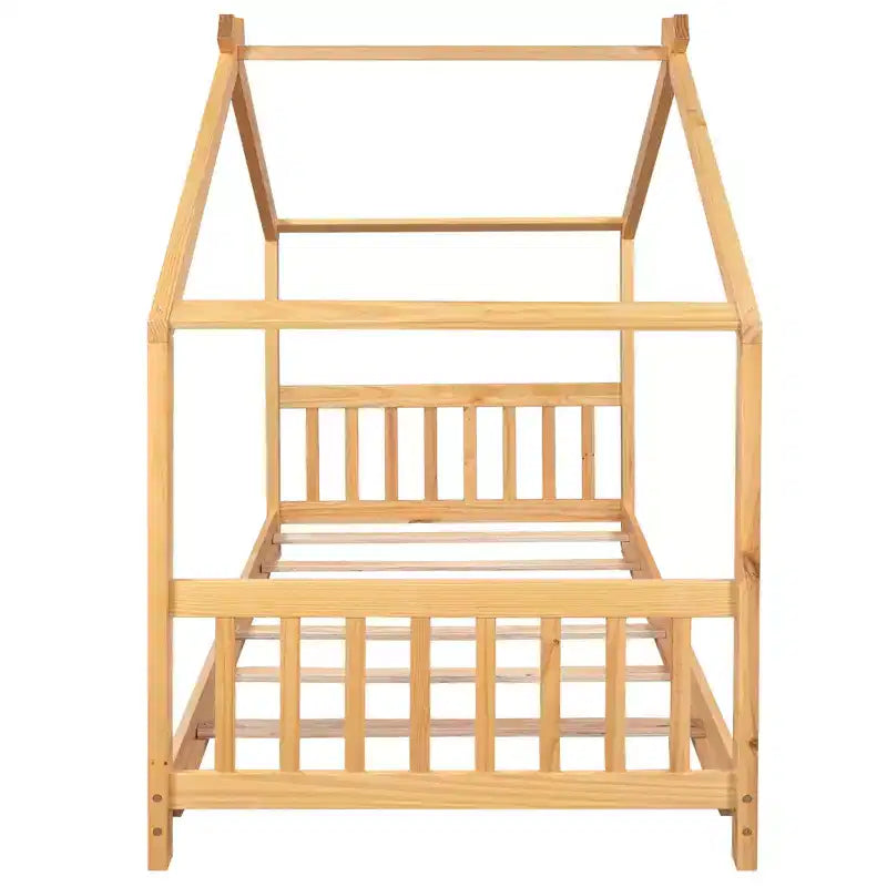 Lit plateforme - cadre de lit en bois en forme de maisonnette avec tête de lit, pied de lit et toit