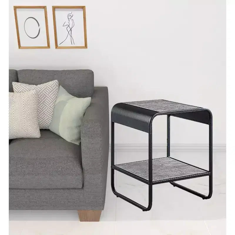 Table d’appoint rectangulaire en bois manufacturé noir et gris béton avec étagère, 21