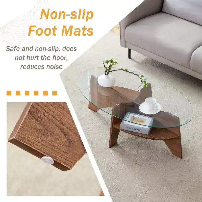 Runder Couchtisch aus Glas, ovaler Cocktailtisch, ovaler Mitteltisch, Akzenttisch, Sofatisch mit diagonal angeordnetem fächerförmigem Ablagebein, Walnuss/Natur