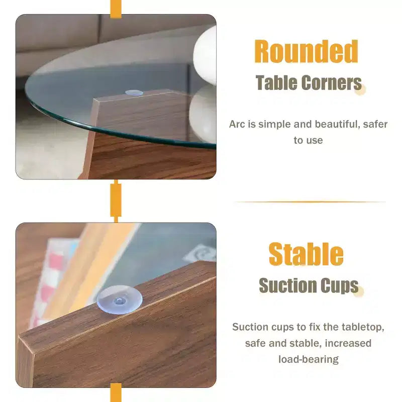 Runder Couchtisch aus Glas, ovaler Cocktailtisch, ovaler Mitteltisch, Akzenttisch, Sofatisch mit diagonal angeordnetem fächerförmigem Ablagebein, Walnuss/Natur
