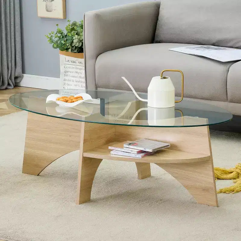Runder Couchtisch aus Glas, ovaler Cocktailtisch, ovaler Mitteltisch, Akzenttisch, Sofatisch mit diagonal angeordnetem fächerförmigem Ablagebein, Walnuss/Natur