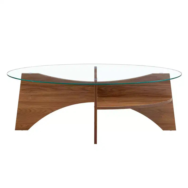 Runder Couchtisch aus Glas, ovaler Cocktailtisch, ovaler Mitteltisch, Akzenttisch, Sofatisch mit diagonal angeordnetem fächerförmigem Ablagebein, Walnuss/Natur