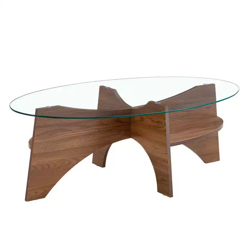 Runder Couchtisch aus Glas, ovaler Cocktailtisch, ovaler Mitteltisch, Akzenttisch, Sofatisch mit diagonal angeordnetem fächerförmigem Ablagebein, Walnuss/Natur