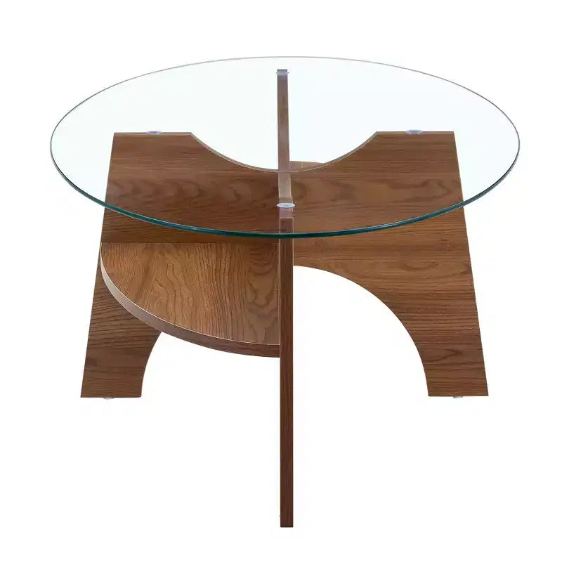 Runder Couchtisch aus Glas, ovaler Cocktailtisch, ovaler Mitteltisch, Akzenttisch, Sofatisch mit diagonal angeordnetem fächerförmigem Ablagebein, Walnuss/Natur