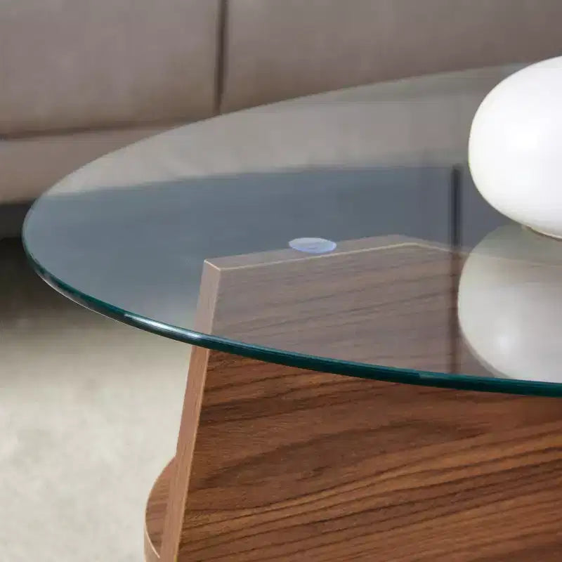 Runder Couchtisch aus Glas, ovaler Cocktailtisch, ovaler Mitteltisch, Akzenttisch, Sofatisch mit diagonal angeordnetem fächerförmigem Ablagebein, Walnuss/Natur