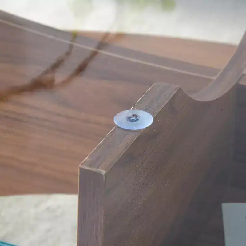 Runder Couchtisch aus Glas, ovaler Cocktailtisch, ovaler Mitteltisch, Akzenttisch, Sofatisch mit diagonal angeordnetem fächerförmigem Ablagebein, Walnuss/Natur