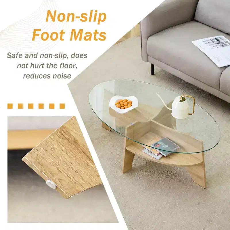 Runder Couchtisch aus Glas, ovaler Cocktailtisch, ovaler Mitteltisch, Akzenttisch, Sofatisch mit diagonal angeordnetem fächerförmigem Ablagebein, Walnuss/Natur