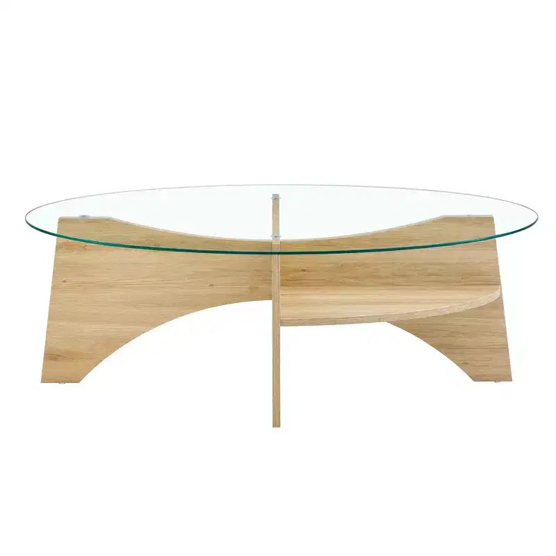 Runder Couchtisch aus Glas, ovaler Cocktailtisch, ovaler Mitteltisch, Akzenttisch, Sofatisch mit diagonal angeordnetem fächerförmigem Ablagebein, Walnuss/Natur
