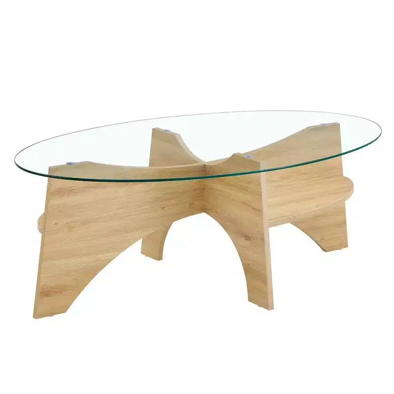 Runder Couchtisch aus Glas, ovaler Cocktailtisch, ovaler Mitteltisch, Akzenttisch, Sofatisch mit diagonal angeordnetem fächerförmigem Ablagebein, Walnuss/Natur