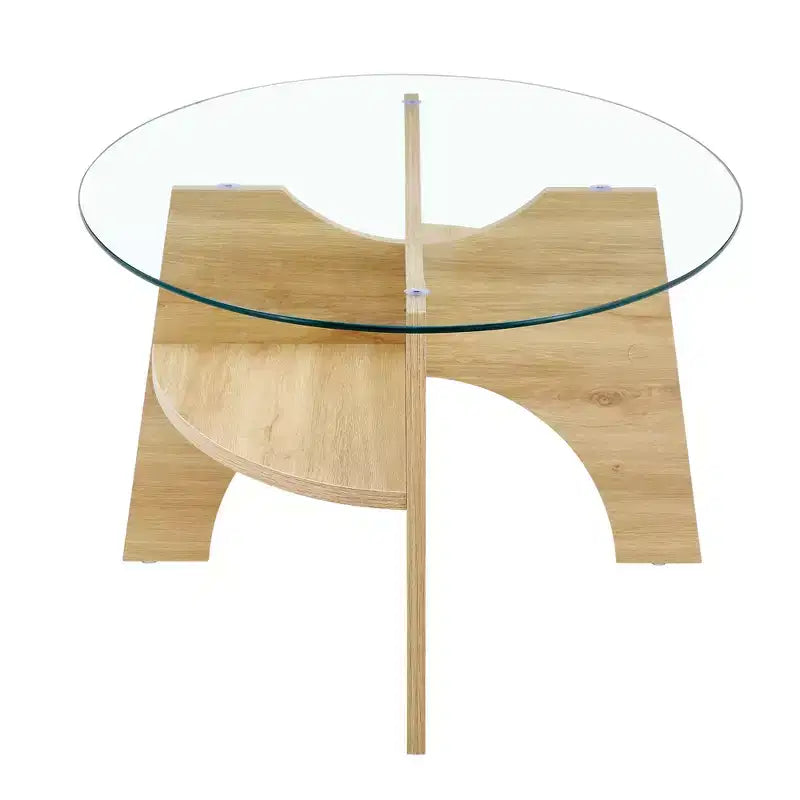Runder Couchtisch aus Glas, ovaler Cocktailtisch, ovaler Mitteltisch, Akzenttisch, Sofatisch mit diagonal angeordnetem fächerförmigem Ablagebein, Walnuss/Natur