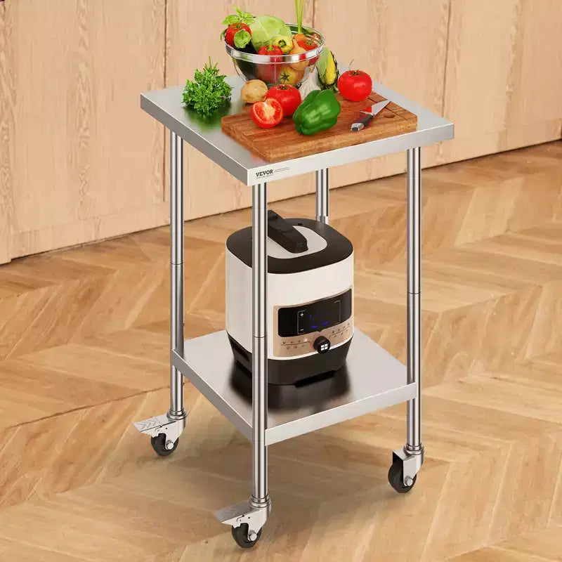 Mesa de trabajo de acero inoxidable de 24 x 24 x 38 pulgadas, capacidad de carga de 700 LBS con 4 ruedas, 3 niveles de altura ajustables, mesa de trabajo resistente para preparar alimentos