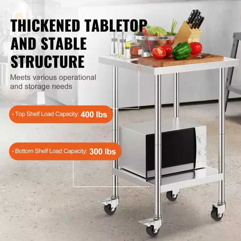 Mesa de trabajo de acero inoxidable de 24 x 24 x 38 pulgadas, capacidad de carga de 700 LBS con 4 ruedas, 3 niveles de altura ajustables, mesa de trabajo resistente para preparar alimentos