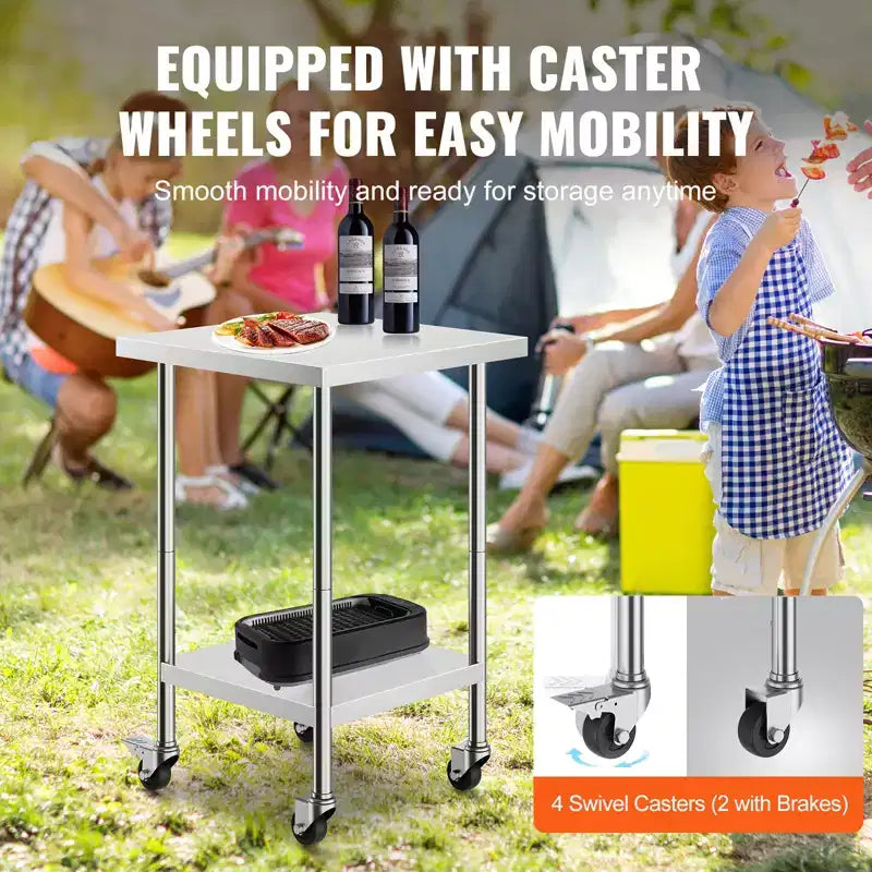 Mesa de trabajo de acero inoxidable de 24 x 24 x 38 pulgadas, capacidad de carga de 700 LBS con 4 ruedas, 3 niveles de altura ajustables, mesa de trabajo resistente para preparar alimentos
