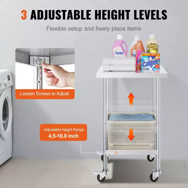Mesa de trabajo de acero inoxidable de 24 x 24 x 38 pulgadas, capacidad de carga de 700 LBS con 4 ruedas, 3 niveles de altura ajustables, mesa de trabajo resistente para preparar alimentos