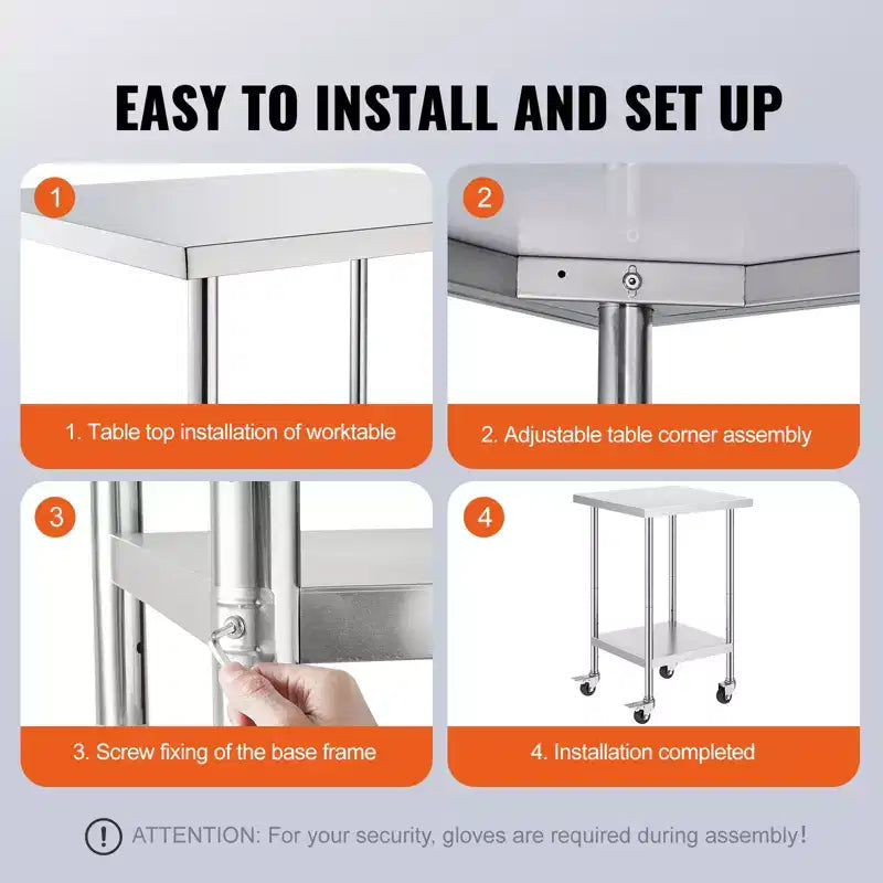 Mesa de trabajo de acero inoxidable de 24 x 24 x 38 pulgadas, capacidad de carga de 700 LBS con 4 ruedas, 3 niveles de altura ajustables, mesa de trabajo resistente para preparar alimentos