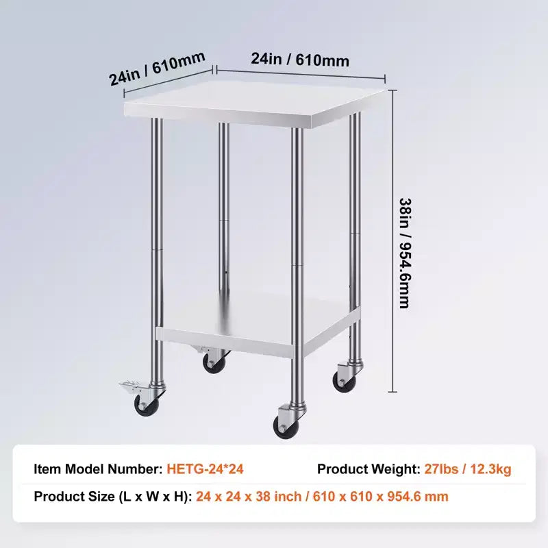 Mesa de trabajo de acero inoxidable de 24 x 24 x 38 pulgadas, capacidad de carga de 700 LBS con 4 ruedas, 3 niveles de altura ajustables, mesa de trabajo resistente para preparar alimentos