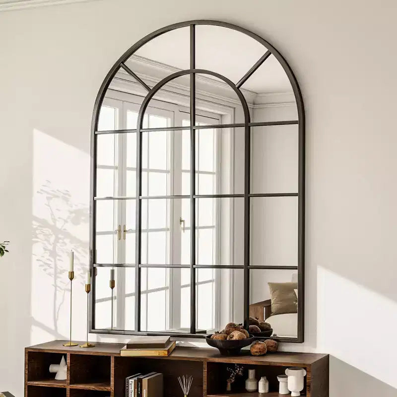 Miroir mural à carreaux avec cadre noir, miroir de salle de bains