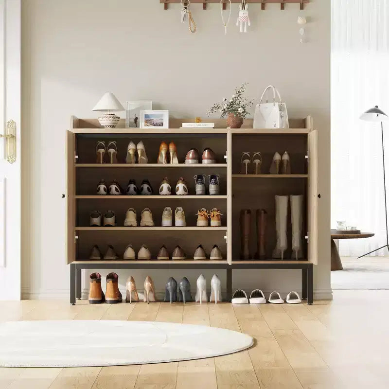 Meuble à chaussures avec 3 portes en rotin, rangement autoportant avec étagères réglables, meuble à chaussures à 7 niveaux pour entrée, salon