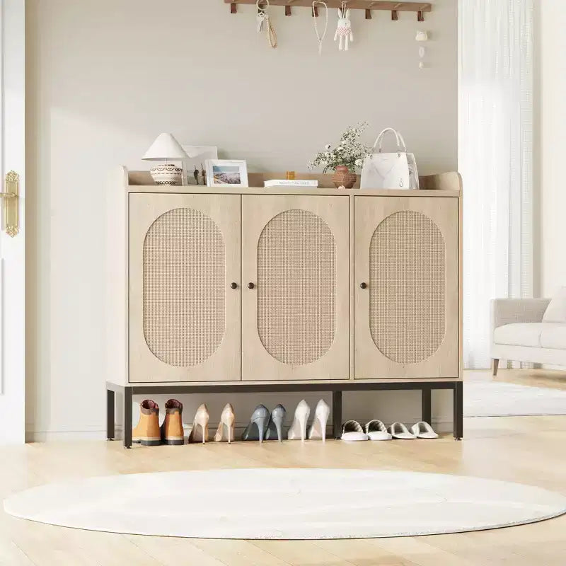 Meuble à chaussures avec 3 portes en rotin, rangement autoportant avec étagères réglables, meuble à chaussures à 7 niveaux pour entrée, salon