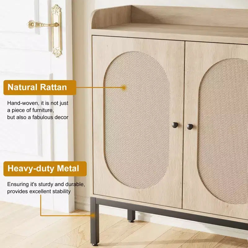 Meuble à chaussures avec 3 portes en rotin, rangement autoportant avec étagères réglables, meuble à chaussures à 7 niveaux pour entrée, salon