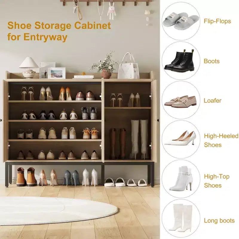 Meuble à chaussures avec 3 portes en rotin, rangement autoportant avec étagères réglables, meuble à chaussures à 7 niveaux pour entrée, salon