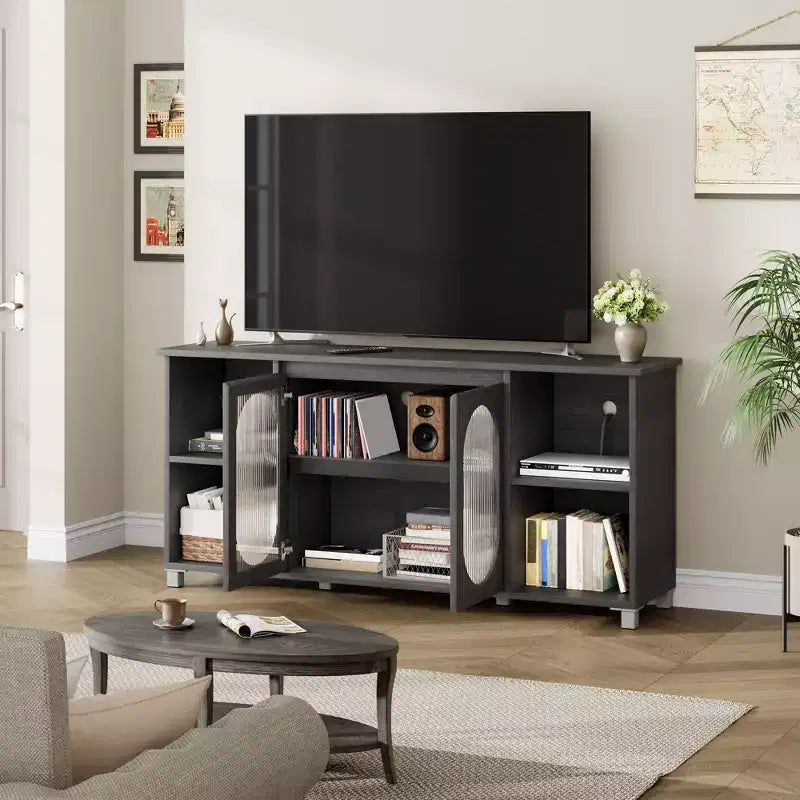 Moderner TV-Ständer für 65-Zoll-Fernseher, schwarzes TV-Möbel mit Ablagefächern und Glastüren, hölzernes Medienkonsolen-Sideboard fürs Wohnzimmer