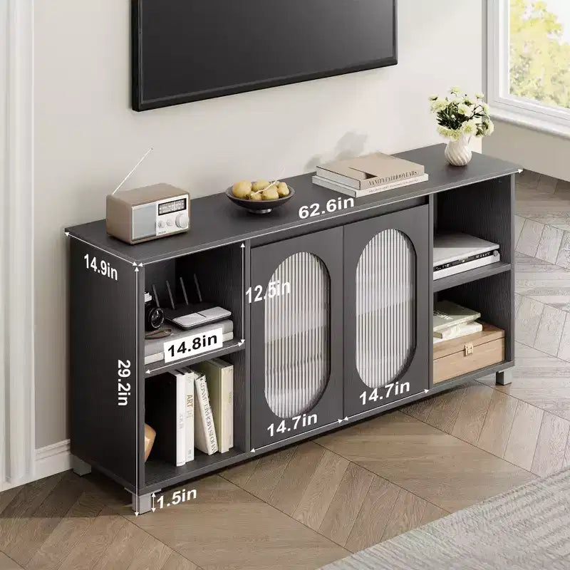 Moderner TV-Ständer für 65-Zoll-Fernseher, schwarzes TV-Möbel mit Ablagefächern und Glastüren, hölzernes Medienkonsolen-Sideboard fürs Wohnzimmer