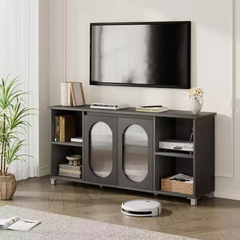 Moderner TV-Ständer für 65-Zoll-Fernseher, schwarzes TV-Möbel mit Ablagefächern und Glastüren, hölzernes Medienkonsolen-Sideboard fürs Wohnzimmer