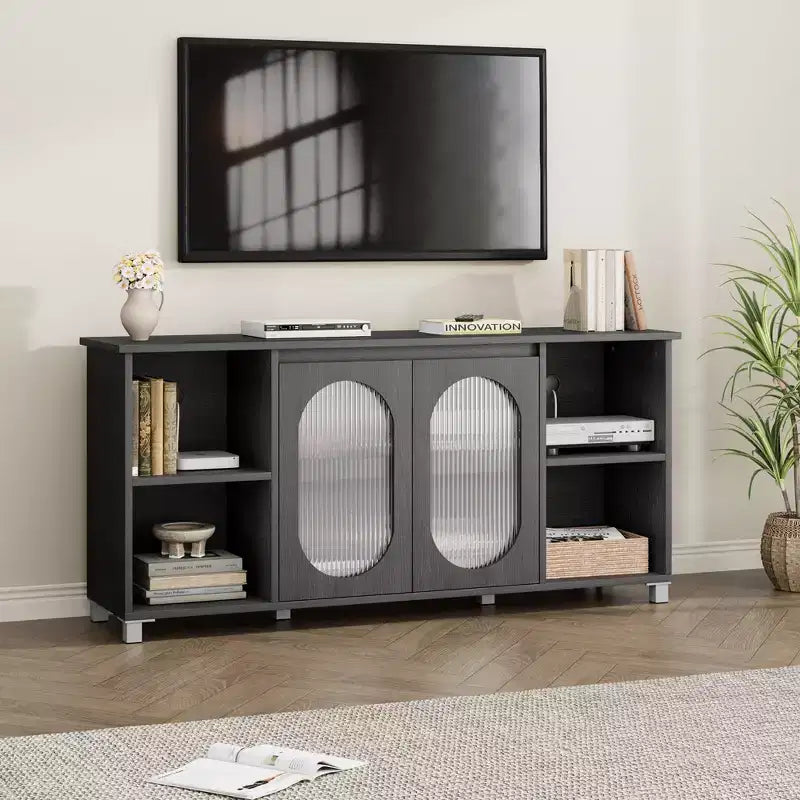 Moderner TV-Ständer für 65-Zoll-Fernseher, schwarzes TV-Möbel mit Ablagefächern und Glastüren, hölzernes Medienkonsolen-Sideboard fürs Wohnzimmer