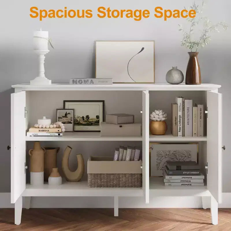 Geriffelter Schrank mit 3 Türen, modernes weißes Buffet mit verstellbaren Böden und Metallknöpfen, Sideboard, Kaffeebar-Schrank, Aufbewahrungsschrank, Weiß