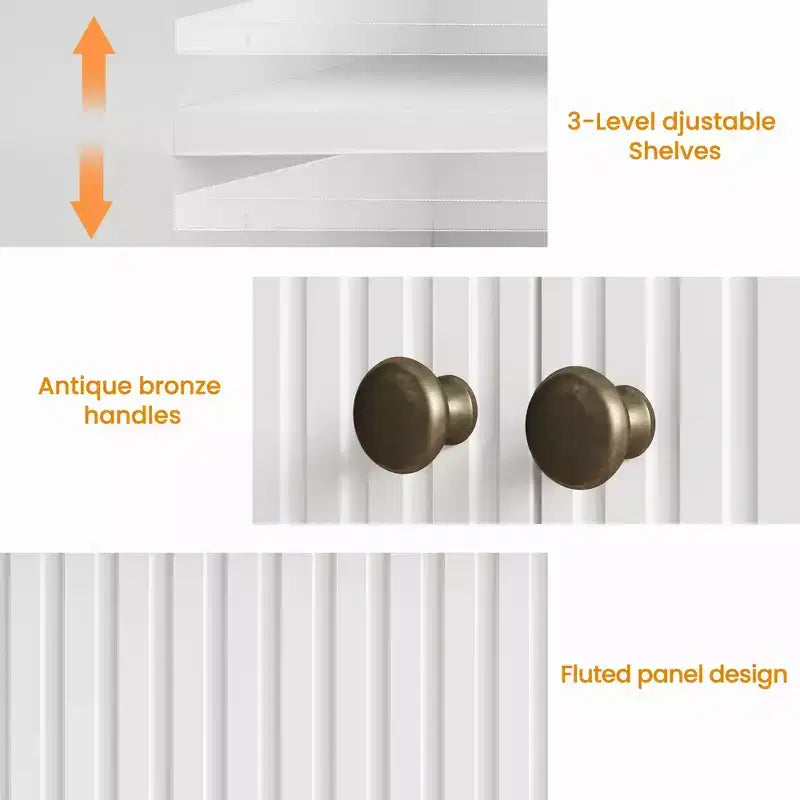 Geriffelter Schrank mit 3 Türen, modernes weißes Buffet mit verstellbaren Böden und Metallknöpfen, Sideboard, Kaffeebar-Schrank, Aufbewahrungsschrank, Weiß