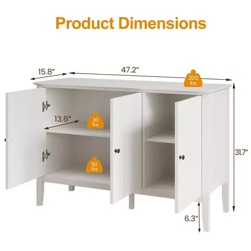 Geriffelter Schrank mit 3 Türen, modernes weißes Buffet mit verstellbaren Böden und Metallknöpfen, Sideboard, Kaffeebar-Schrank, Aufbewahrungsschrank, Weiß