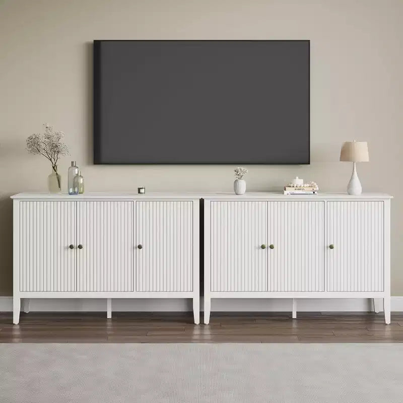 Geriffelter Schrank mit 3 Türen, modernes weißes Buffet mit verstellbaren Böden und Metallknöpfen, Sideboard, Kaffeebar-Schrank, Aufbewahrungsschrank, Weiß