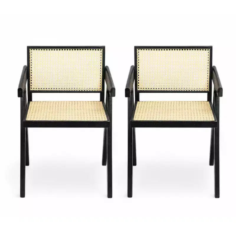 Chaise de salle à manger avec accoudoirs en bois d’hévéa et cannage, pieds en V (lot de 2)