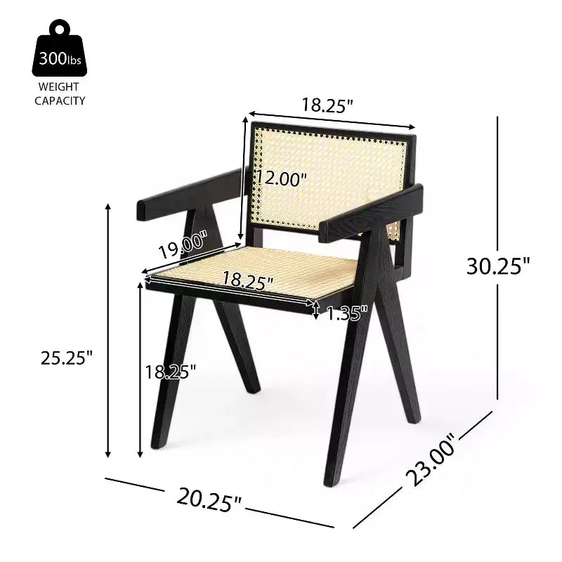 Chaise de salle à manger avec accoudoirs en bois d’hévéa et cannage, pieds en V (lot de 2)