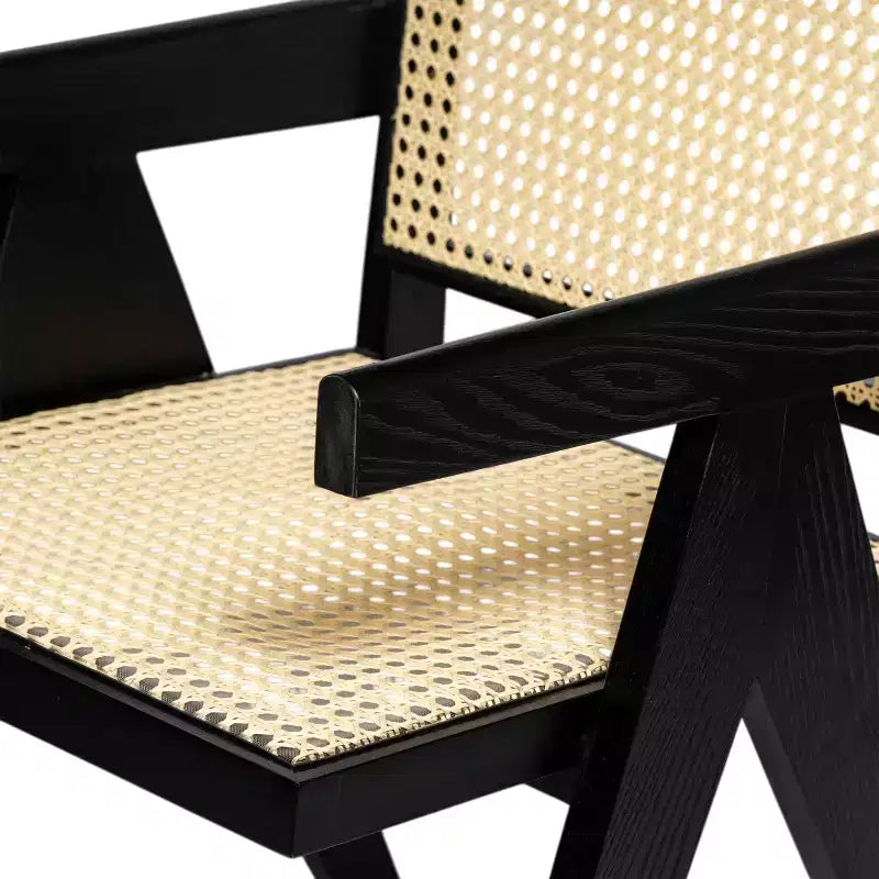 Chaise de salle à manger avec accoudoirs en bois d’hévéa et cannage, pieds en V (lot de 2)
