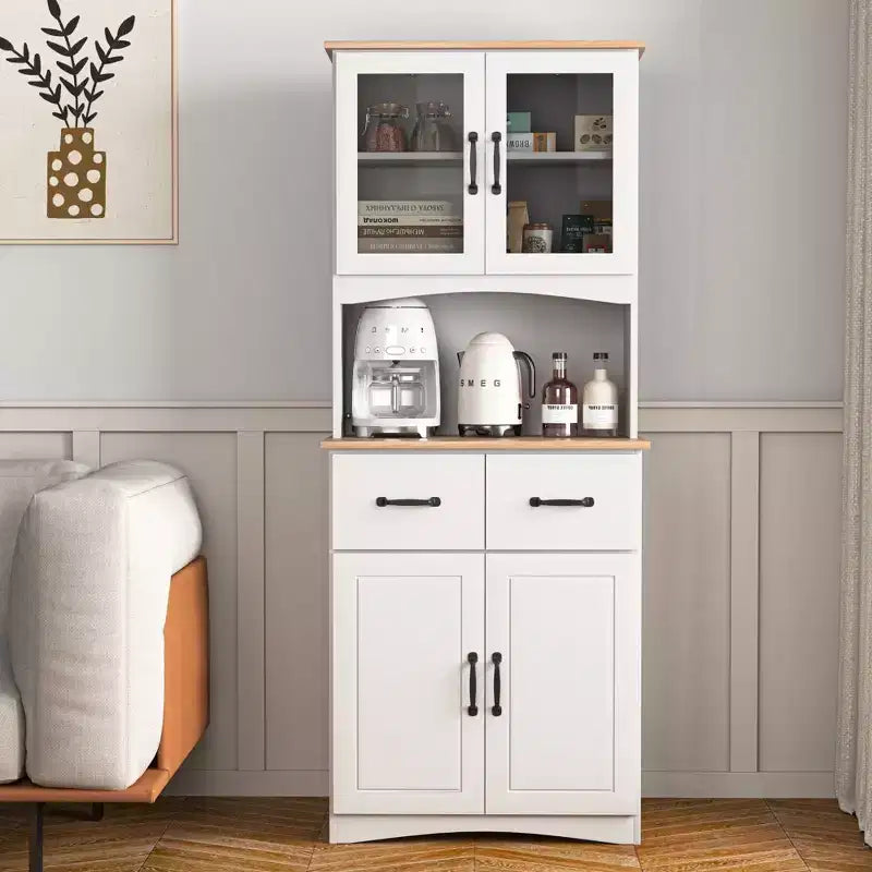 Wooden Kitchen Cabinet White Pantry Room Storage Microwave Cabinet with Framed Glass Doors and Drawer