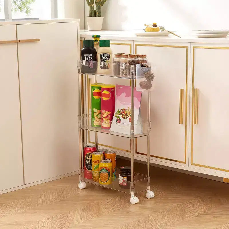 Chariot roulant à 3/4 niveaux, chariot utilitaire de rangement pour la cuisine, étagères mobiles coulissantes avec 2 roulettes verrouillables et crochets