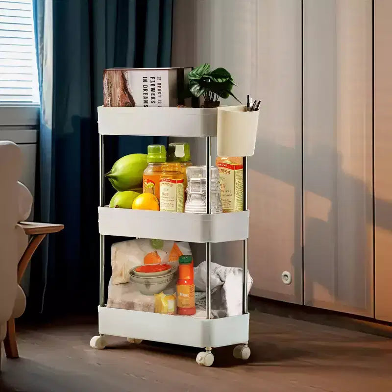 Chariot roulant à 3/4 niveaux, chariot utilitaire de rangement pour la cuisine, étagères mobiles coulissantes avec 2 roulettes verrouillables et crochets