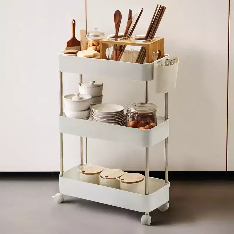 Chariot roulant à 3/4 niveaux, chariot utilitaire de rangement pour la cuisine, étagères mobiles coulissantes avec 2 roulettes verrouillables et crochets