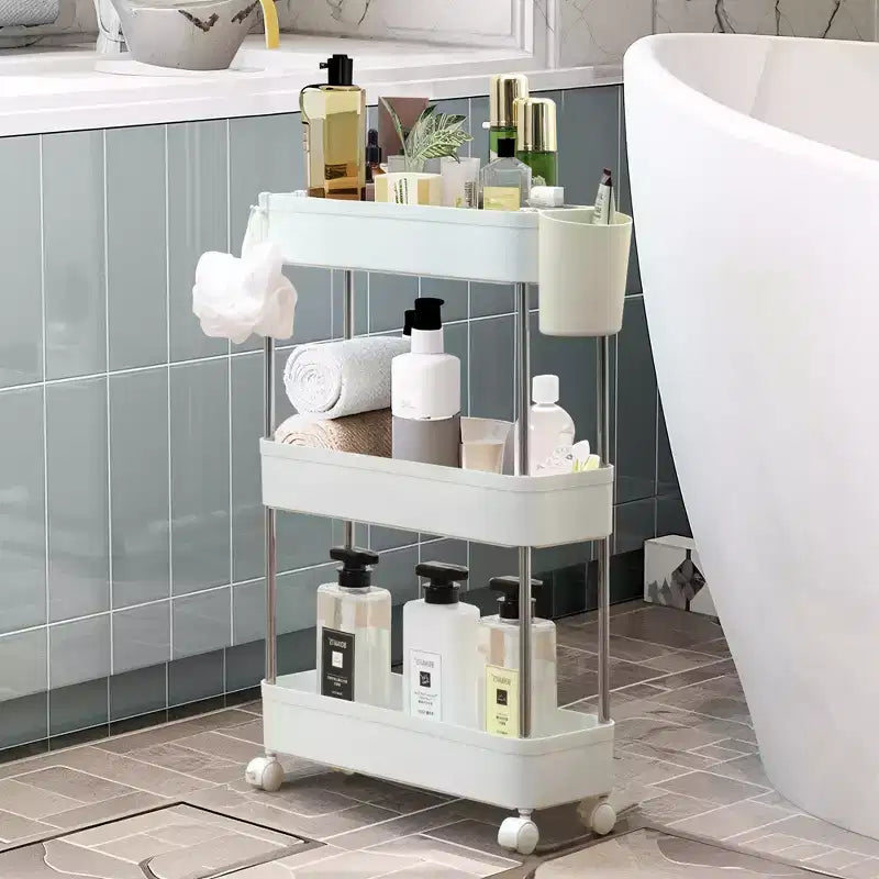 Chariot roulant à 3/4 niveaux, chariot utilitaire de rangement pour la cuisine, étagères mobiles coulissantes avec 2 roulettes verrouillables et crochets