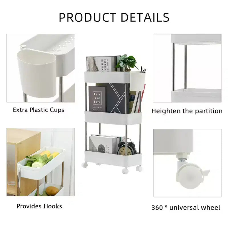 Chariot roulant à 3/4 niveaux, chariot utilitaire de rangement pour la cuisine, étagères mobiles coulissantes avec 2 roulettes verrouillables et crochets