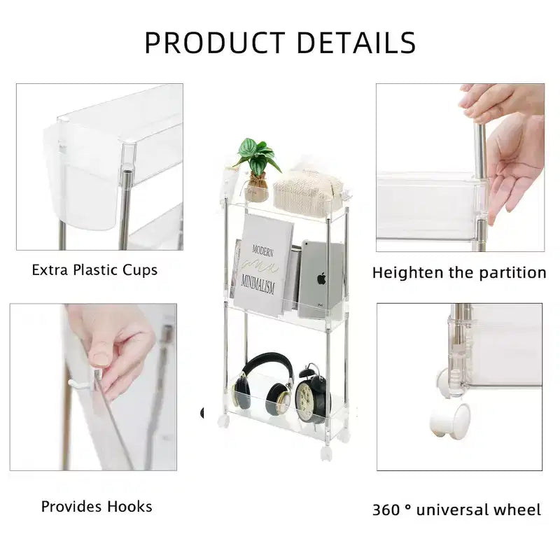 Chariot roulant à 3/4 niveaux, chariot utilitaire de rangement pour la cuisine, étagères mobiles coulissantes avec 2 roulettes verrouillables et crochets