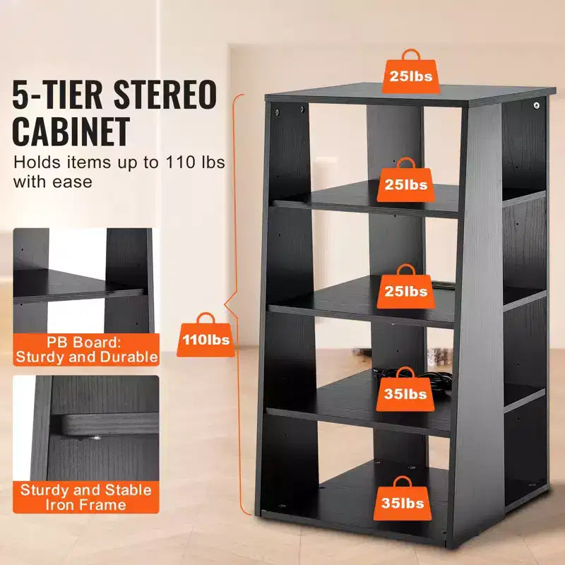AV-Medienständer mit 5 Ebenen, hölzerner Audio-Video-Ständer für DVD-Player, Kabelboxen und Spielekonsolen, Medienregal mit verstellbarer Höhe, Schwarz